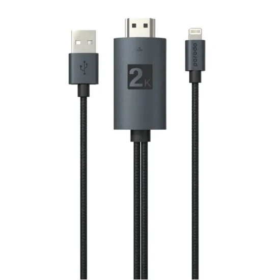 Porodo Braided 2K HDMI - Lightning  - USB Cable 2M - Black
